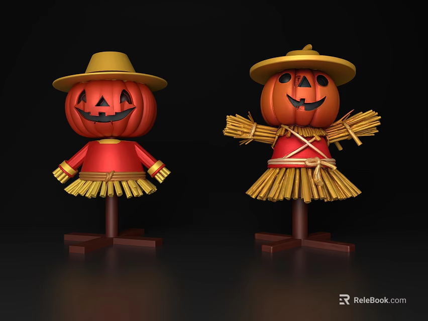 Halloween Pumpkin Scarecrow Decorative Ornament Set With Straw Hat And Red Clothes 3d model 