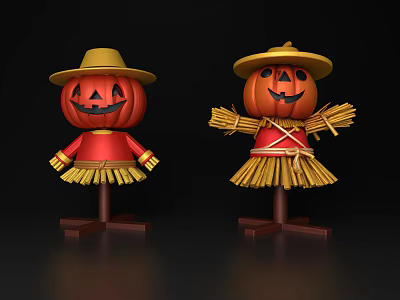 Halloween Pumpkin Scarecrow Decorative Ornament Set With Straw Hat And Red Clothes 3d model