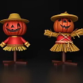 Halloween Pumpkin Scarecrow Decorative Ornament Set With Straw Hat And Red Clothes