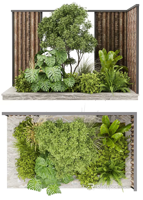 Garden Landscape Design With Wooden Frame Stone Background Lush Monstera Ferns Herbs And Shrubs 3d model 