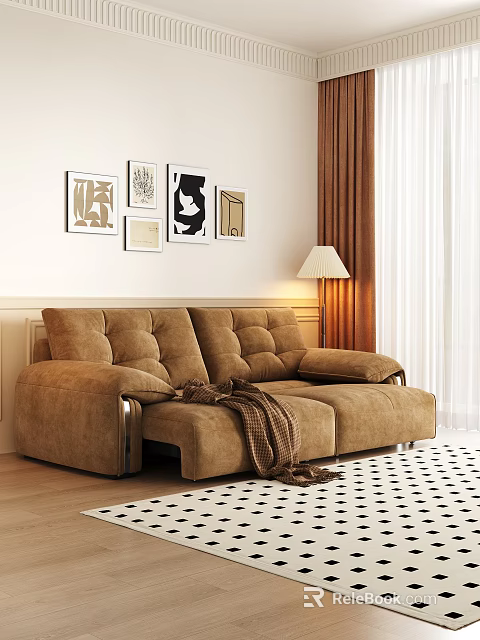 Brown Two-Seater Sofa With Blanket Floor Lamp Decorative Paintings And Black White Checkered Carpet 3d model 