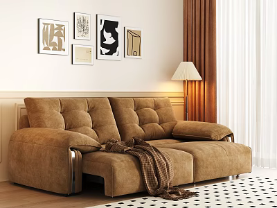 Brown Two-Seater Sofa With Blanket Floor Lamp Decorative Paintings And Black White Checkered Carpet 3d model