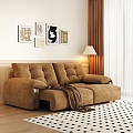 Brown Two-Seater Sofa With Blanket Floor Lamp Decorative Paintings And Black White Checkered Carpet