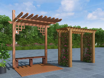 Wooden Pergola With Traditional Lattice Design Bench And Plant Covered Pink Flowers In Outdoor Garden 3d model