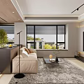 Modern Dining and Living Room Interior With Wooden Walls Dining Table Chairs Sofa And Windows