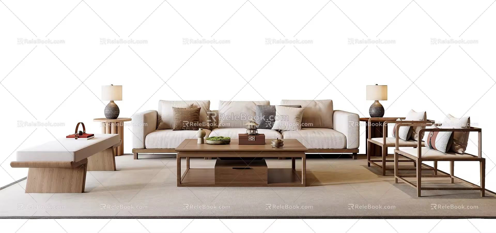 New Chinese Style Sofa Coffee Table Combination Fabric Sofa Stool Leisure Chair Side Table Lamp Ornaments 3d model