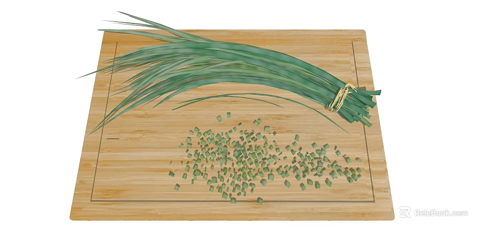 Fresh Green Scallions Bunch with Chopped Pieces on Wooden Cutting Board 3d model 