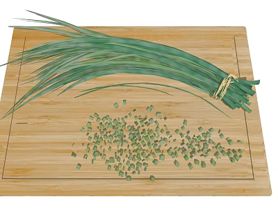 Fresh Green Scallions Bunch with Chopped Pieces on Wooden Cutting Board 3d model