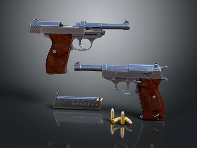 Two Vintage Pistols With Wooden Grips Magazine And Bullets On Dark Surface 3d model