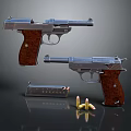 Two Vintage Pistols With Wooden Grips Magazine And Bullets On Dark Surface
