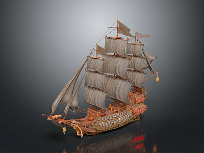 Vintage Sailing Ship Model With Wooden Hull And Multiple Canvas Sails 3d model