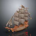 Vintage Sailing Ship Model With Wooden Hull And Multiple Canvas Sails