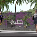 Charming Garden Decor With Purple Flower Wall Palm Trees And Outdoor Seating