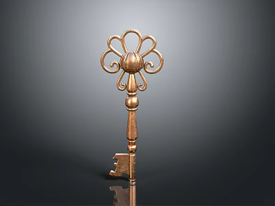 Vintage Copper Key With Intricate Floral Design On Gradient Gray Background And Reflective Surface 3d model