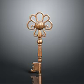 Vintage Copper Key With Intricate Floral Design On Gradient Gray Background And Reflective Surface