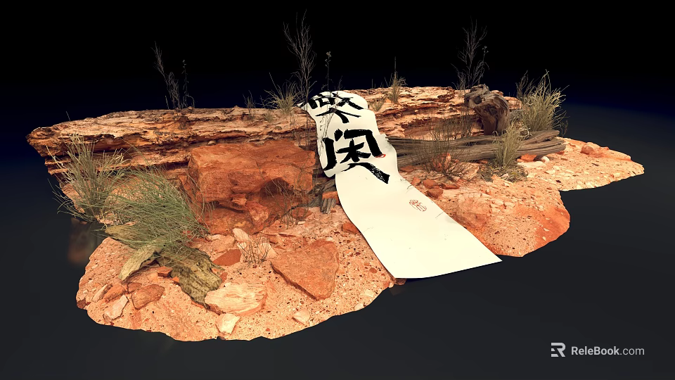 Red Rock Natural Scene With White Scroll And Butterfly Leisure Characters 3d model 
