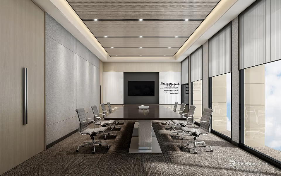 Modern Conference Room Interior Featuring Long Table Chairs TV Screen Glass Walls And Ceiling Lights 3d model 