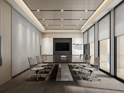 Modern Conference Room Interior Featuring Long Table Chairs TV Screen Glass Walls And Ceiling Lights 3d model