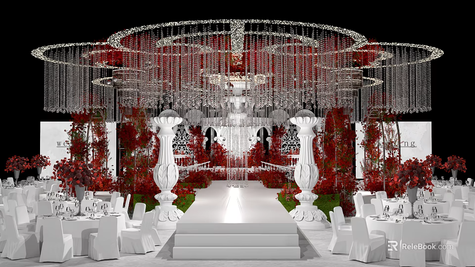 Elegant Banquet Hall Interior With Grand Crystal Chandelier Red Floral Decor And White Columns 3d model 