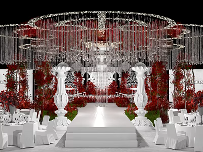 Elegant Banquet Hall Interior With Grand Crystal Chandelier Red Floral Decor And White Columns 3d model