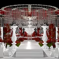 Elegant Banquet Hall Interior With Grand Crystal Chandelier Red Floral Decor And White Columns
