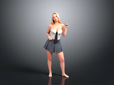 Blonde Woman In White Top And Gray Skirt Standing Barefoot On Gray Background 3d model