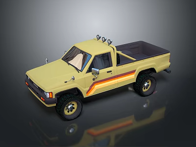 Yellow Vintage Pickup Truck With Orange Stripes Roof Rack And Off Road Tires 3d model