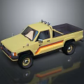 Yellow Vintage Pickup Truck With Orange Stripes Roof Rack And Off Road Tires