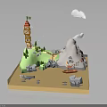 Low Poly Scenic Model With Tower Mountain Boat Trees And Clouds 3d model