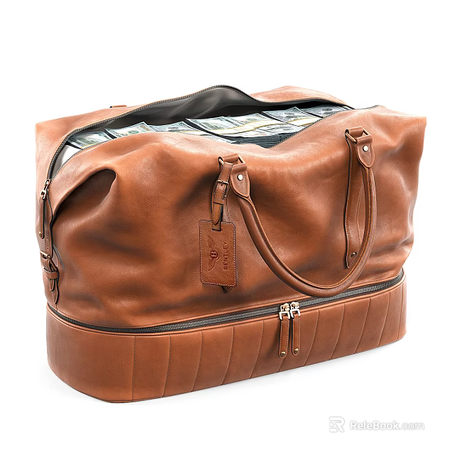 Brown Leather Duffel Bag Featuring Cash Filled Interior Zipper Closure And Leather Tag 3d model 