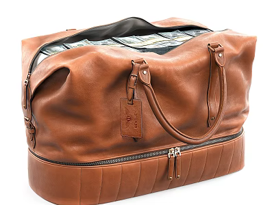 Brown Leather Duffel Bag Featuring Cash Filled Interior Zipper Closure And Leather Tag 3d model