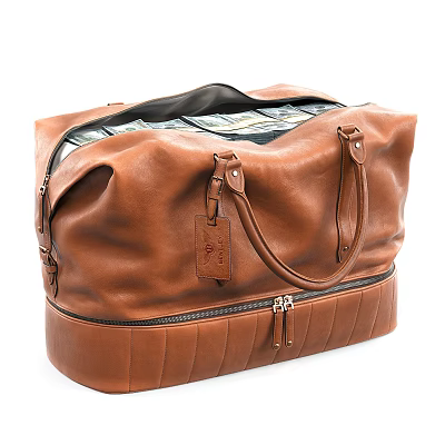 Brown Leather Duffel Bag Featuring Cash Filled Interior Zipper Closure And Leather Tag 3d model