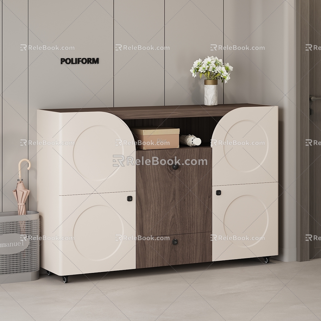 Cream Style Shoe Cabinet Side Cabinet Storage Cabinet Grocery Cabinet Packaging Box Cream White Walnut Corridor Vase Umbrella Sticker Box Wooden Door 3d model