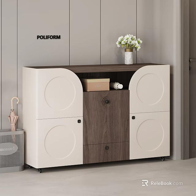Modern White And Wooden Shoe Cabinet With Drawers Cabinets Vase And Flowers On Top 3d model 