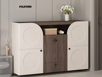 Modern White And Wooden Shoe Cabinet With Drawers Cabinets Vase And Flowers On Top 3d model