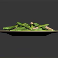 Fresh Asparagus and Mushrooms Dish with Brown Sauce on White Plate