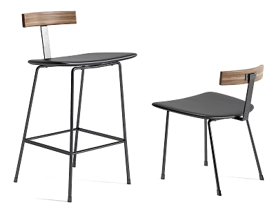 Modern Bar Stools With Wooden Backrest Black Seat And Metal Frame 3d model