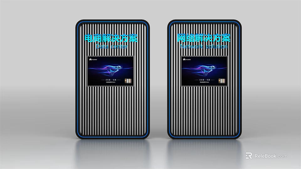 Modern Computer Desktop Solution Devices With Dual Screens And Blue Striped Frame Design 3d model 