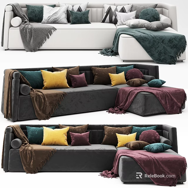Cozy Sectional Sofa With Colorful Throw Pillows And Soft Blankets 3d model