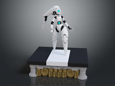 White Robot Character Standing On Black Base With Golden KORBOTRON Letters 3d model