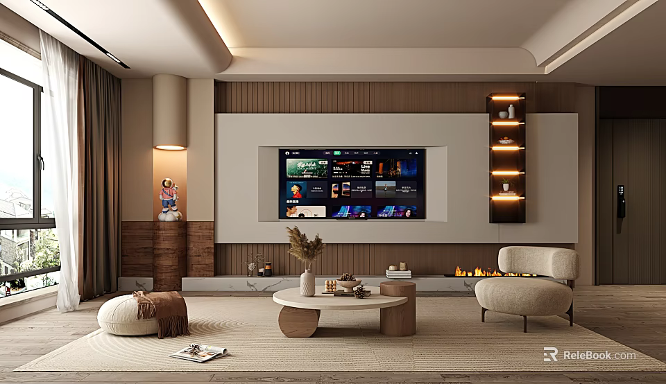 Modern Living Room TV Wall With Wooden Panel Floating Shelves Lighting And Decor Items 3d model 