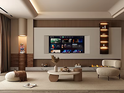 Modern Living Room TV Wall With Wooden Panel Floating Shelves Lighting And Decor Items 3d model