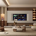 Modern Living Room TV Wall With Wooden Panel Floating Shelves Lighting And Decor Items
