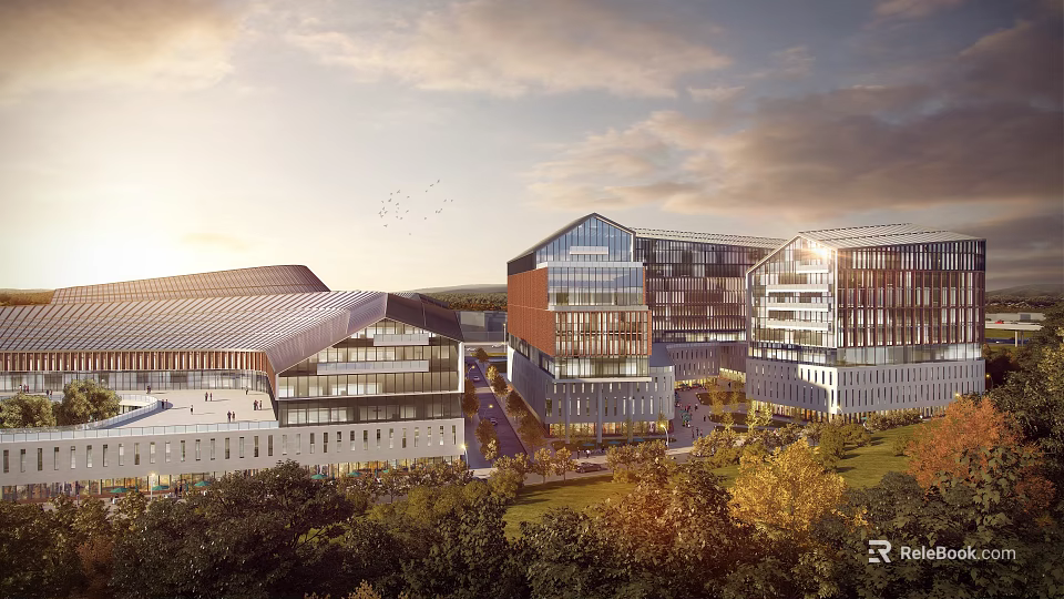 Modern Office Complex With Glass Facade And Landscaped Green Areas Under Sunset Sky 3d model 