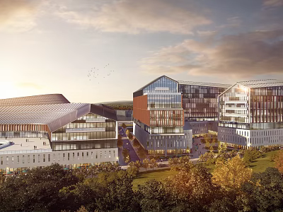 Modern Office Complex With Glass Facade And Landscaped Green Areas Under Sunset Sky 3d model