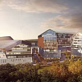 Modern Office Complex With Glass Facade And Landscaped Green Areas Under Sunset Sky