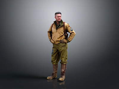 Man In Yellow Jacket Green Pants And Brown Boots Standing With Hands On Hips 3d model