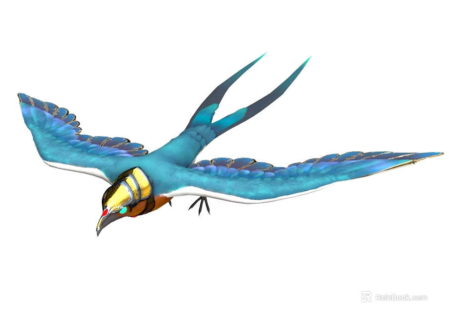 Colorful Blue Flying Bird With Large Wings Yellow Head And Long Tail 3d model 