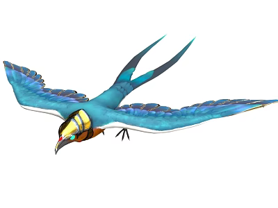 Colorful Blue Flying Bird With Large Wings Yellow Head And Long Tail 3d model
