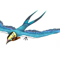 Colorful Blue Flying Bird With Large Wings Yellow Head And Long Tail